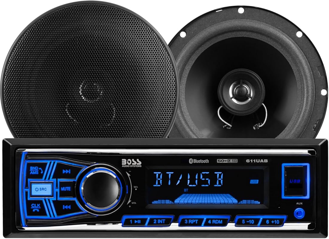BOSS Audio 638BCK single DIN car stereo package with Bluetooth, AM FM,