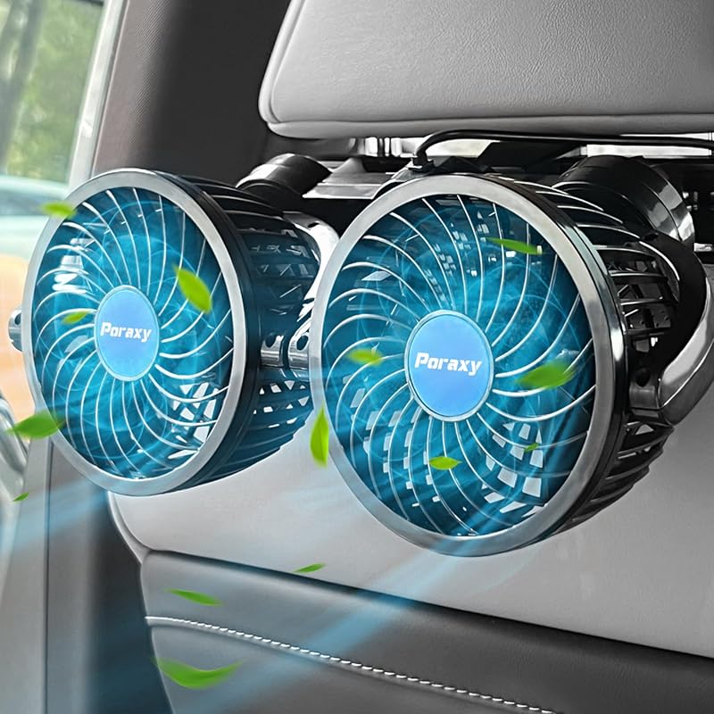 Dual-Head Car Headrest Fan, 360-degree Rotating Stepless Speed Backsea