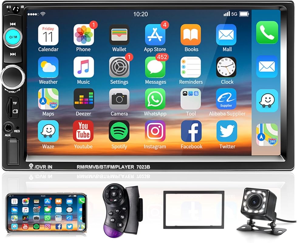 Podofo 7-inch Double DIN Car Stereo with HD Touchscreen, Bluetooth, Ph