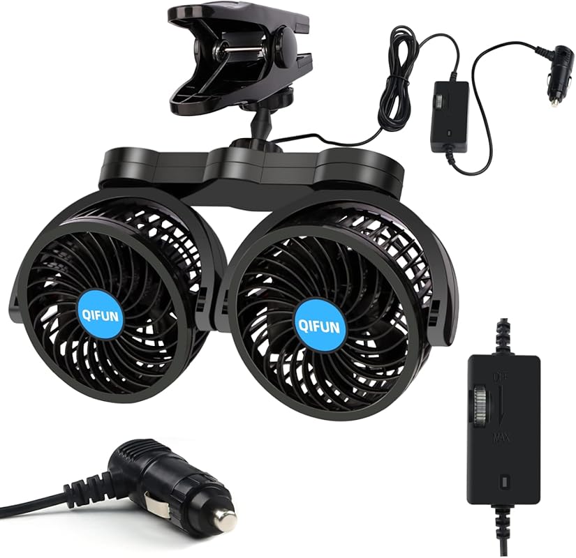 Adjustable dual-head 4-inch 12V car clip fan with 360-degree rotation 