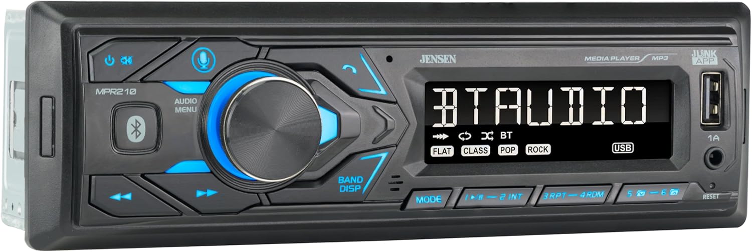 Jensen MPR210 Single DIN Car Stereo with 7-character LCD, Bluetooth Ha