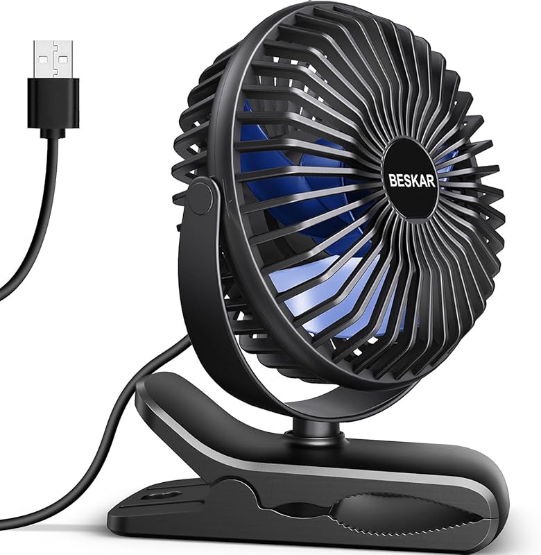 BESKAR USB Clip-on Fan, Cord-Powered Portable Fan with Sturdy Clamp, Q