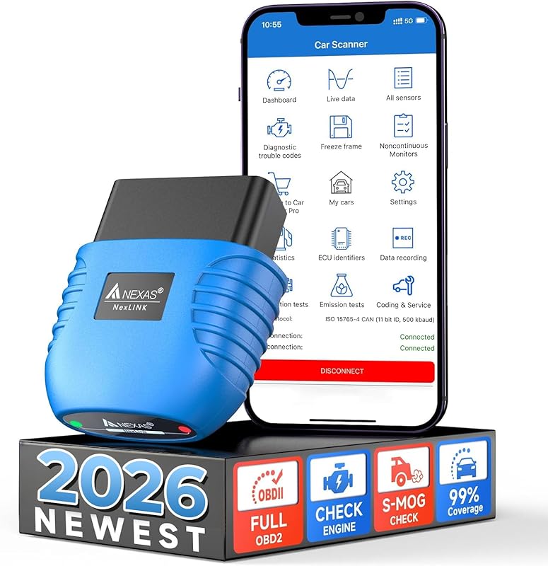 NEXAS NexLINK Bluetooth OBD2 Scanner, Check Engine Code Reader, Live D