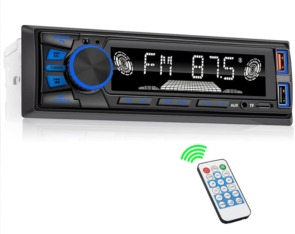 Single-DIN Bluetooth car stereo with hands-free calling, app control, 