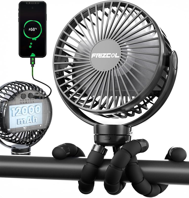 FRIZCOL portable stroller fan with 12000mAh power bank, flexible tripo