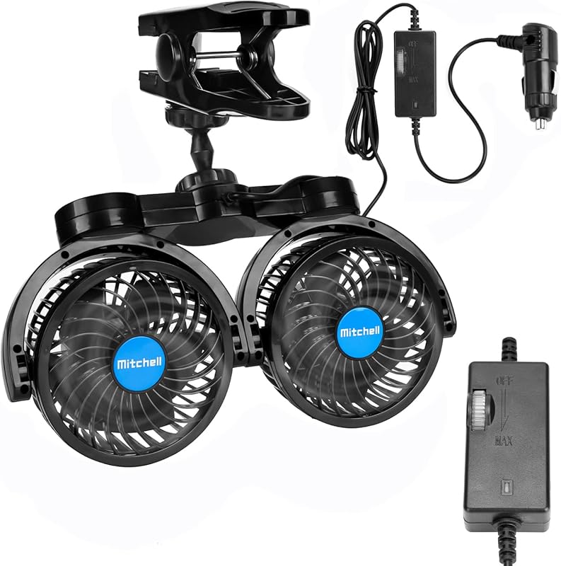 12V adjustable dual head car clip fan with 360-degree rotation and cig