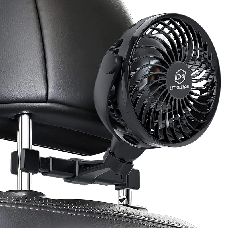 Retractable rechargeable car headrest fan with four speeds, 360-degree