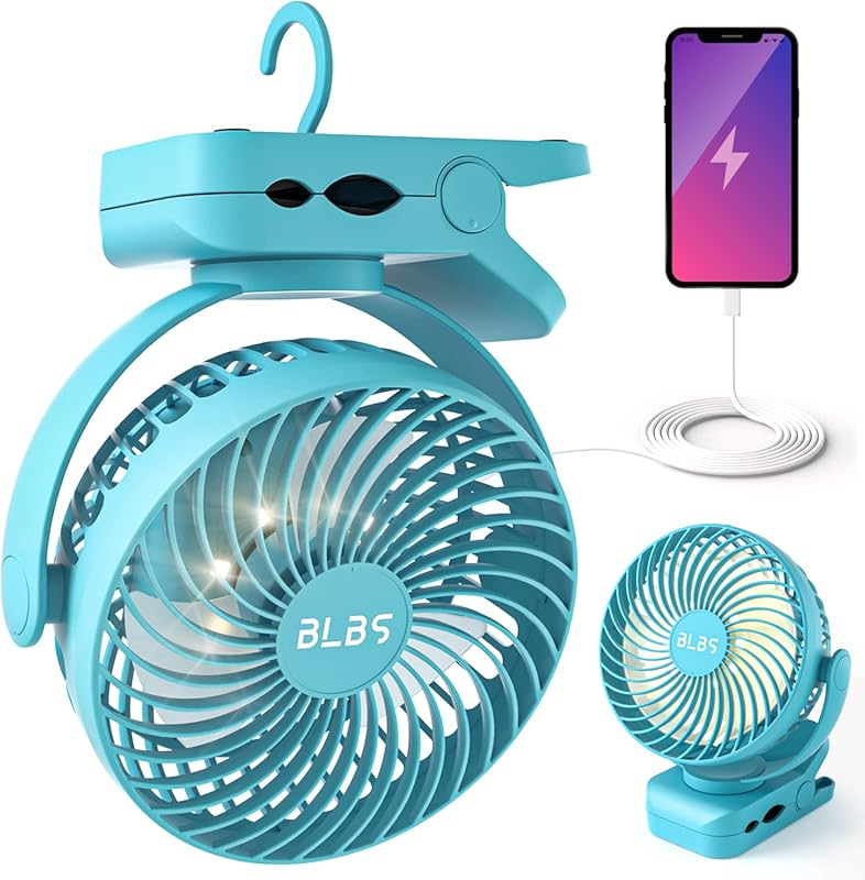 Clip-on Portable Fan with 12000mAh Battery, LED Light, USB Rechargeabl