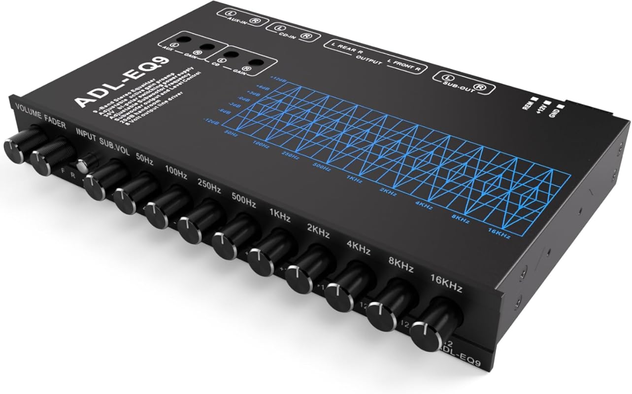 Facmogu 9 Band Car Equalizer with Front, Rear and Sub Outputs, 8V RMS 