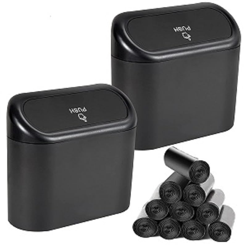 Two-Pack Mini Car Trash Cans with Lids and 150 Bags, Compact Front and