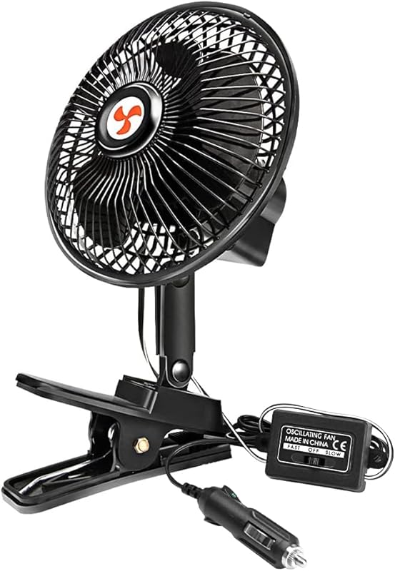 6-inch 12V oscillating clip-on car fan with cigarette lighter plug, 36
