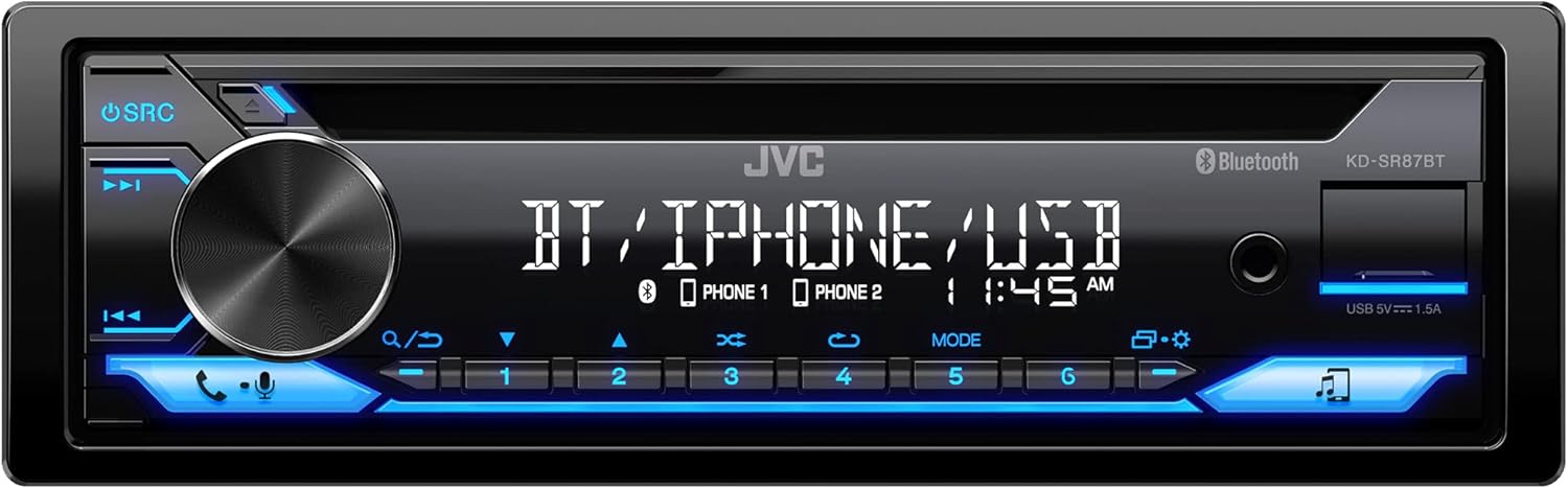 JVC KD-SR87BT Single DIN Car Stereo with Bluetooth, CD Player, USB, AM