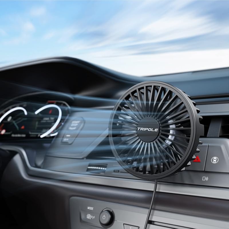 TriPole USB car fan, three speed portable clip fan for vents, quiet br