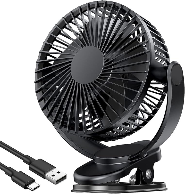 ATEngeus rechargeable clip-on USB fan, 5000mAh battery, 3 speeds, 720-