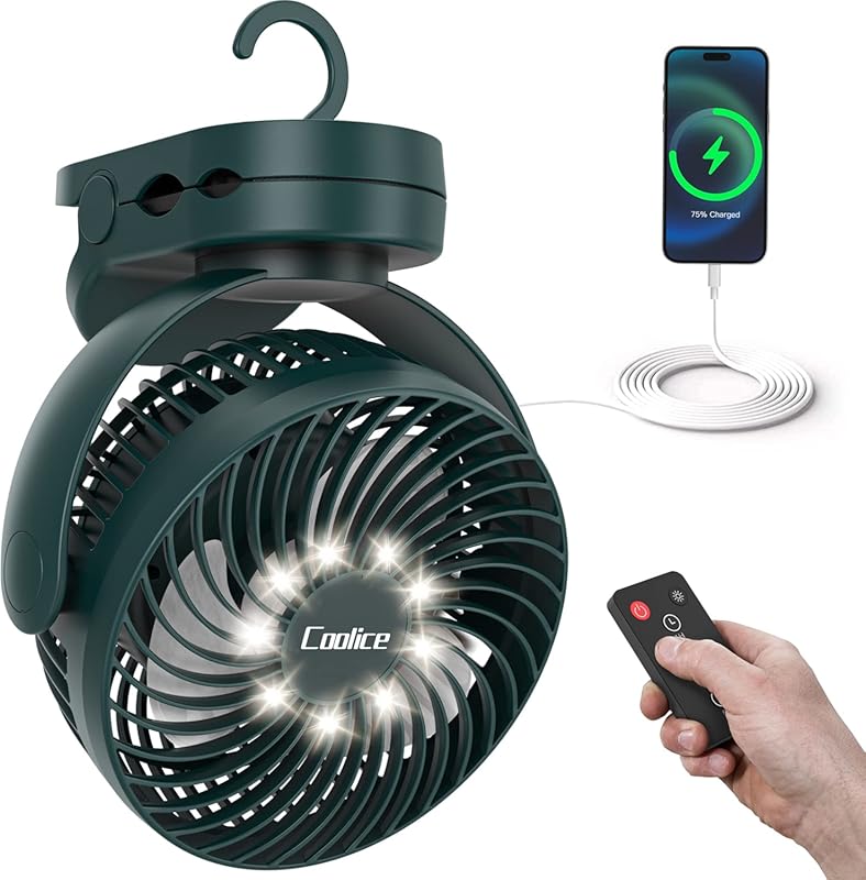 12000mAh Rechargeable Camping Fan with Remote, LED Light and Hanging H