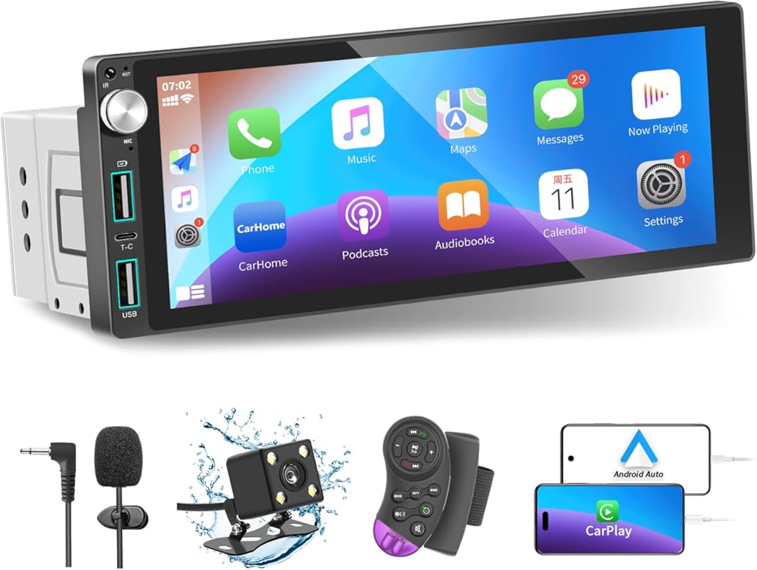 Single DIN 6.9 inch IPS Touchscreen Car Stereo with Apple CarPlay, And