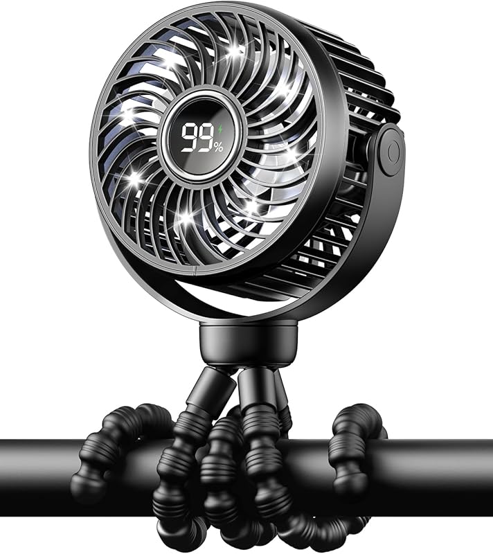 Mini Portable Stroller Fan, 360° Rotating 4-Speed Clip-On with LED Nig