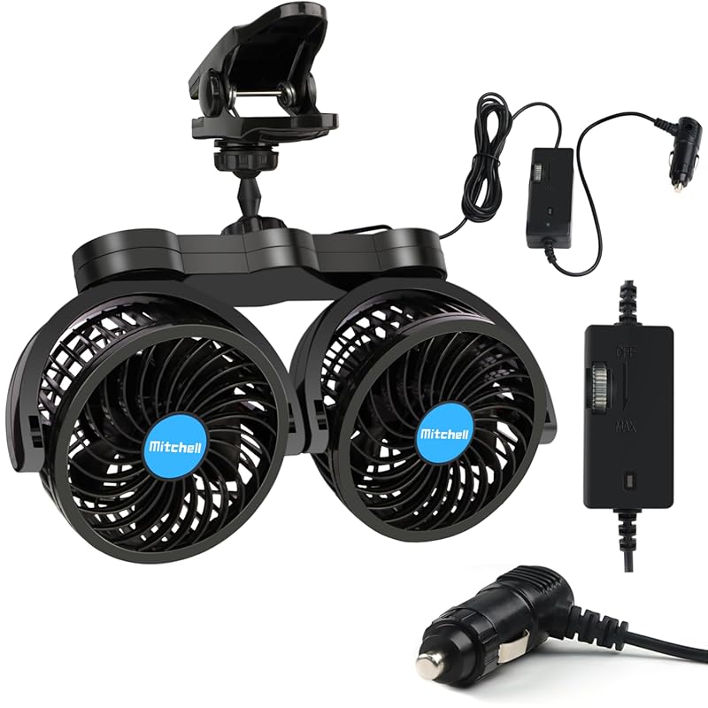 12V dual-head 4-inch adjustable car clip fan with 360-degree rotation 