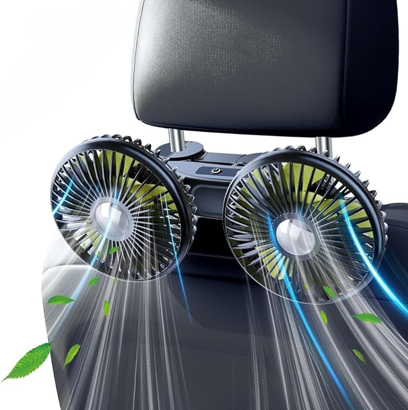 Dual Head USB Car Fan with 2000mAh Battery, Adjustable 3 Speed Cooling
