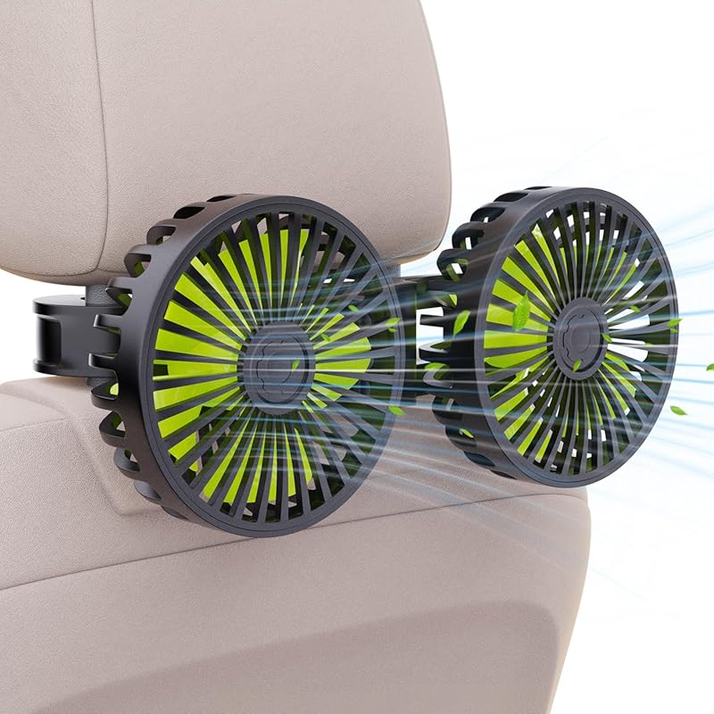 Dual-head USB mini portable car fan for backseat, 3-speed 360-degree r