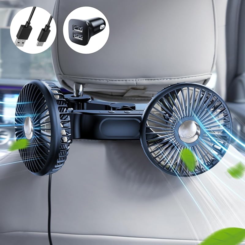 Dual Head Car Cooling Fan for Back Seat USB and 12V Compatible Clip On