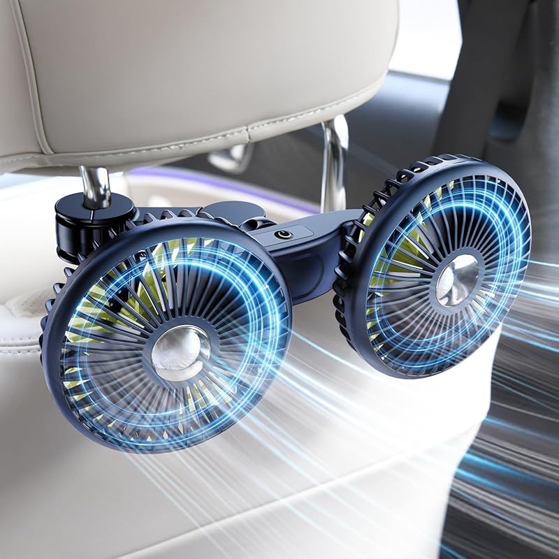 Dual-Head Rechargeable USB Car Headrest Fan, Battery Powered, Rear-Fac