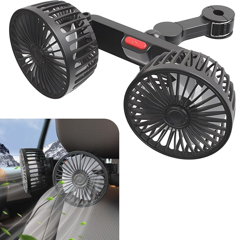 Portable Double-Head USB Car Headrest Fan, 360-degree Rotating Five-Bl