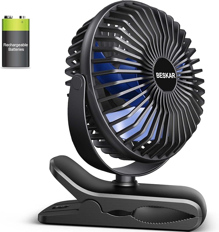 BESKAR Rechargeable Portable Clip-On Fan Four Speeds USB Desk Fan Stro