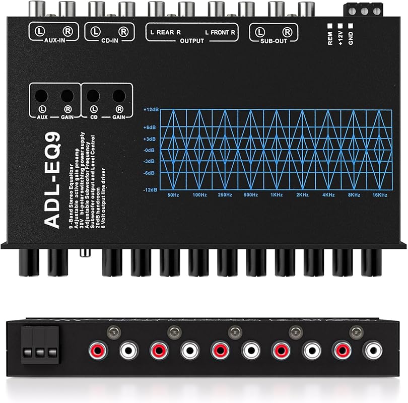 9 Band Car Equalizer with Front, Rear, Sub Outputs, 8V RMS Driver, Adj