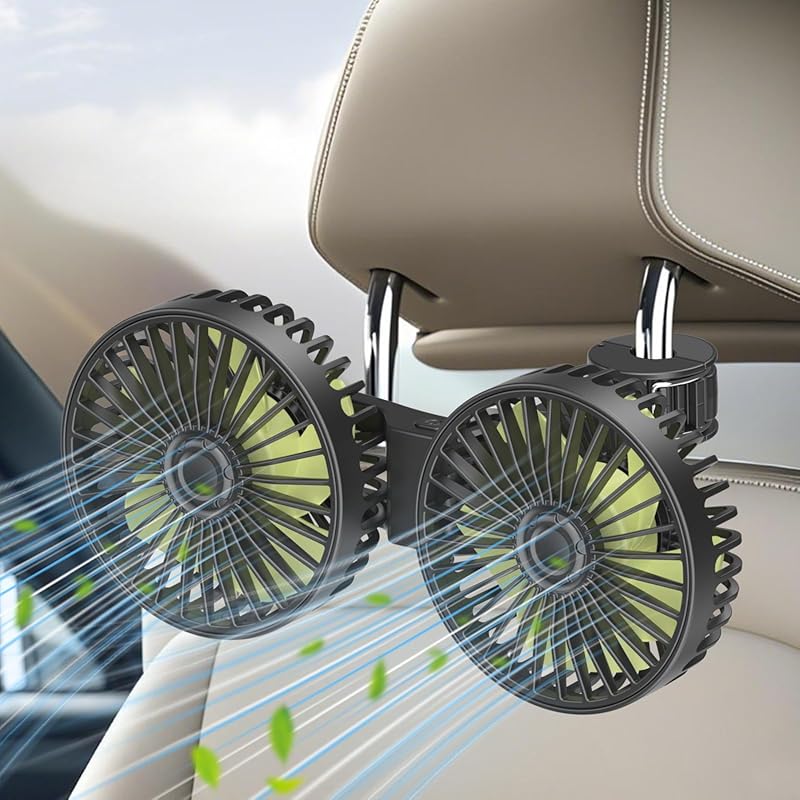 Dual Head USB Car Fan for Back Seat 360 Degree Rotatable Rear Headrest