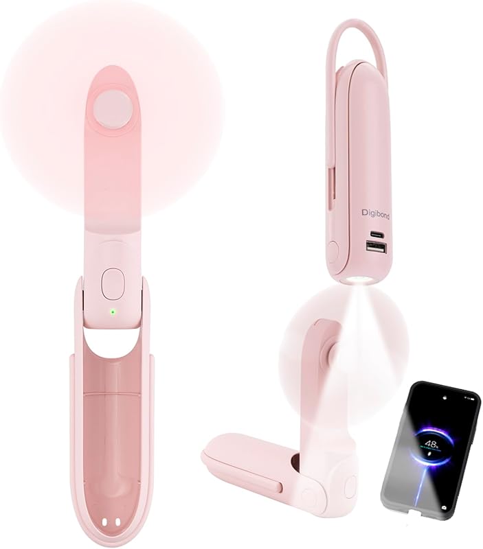 Pink rechargeable handheld travel fan 2000mAh 3-speed foldable 6-in-1 