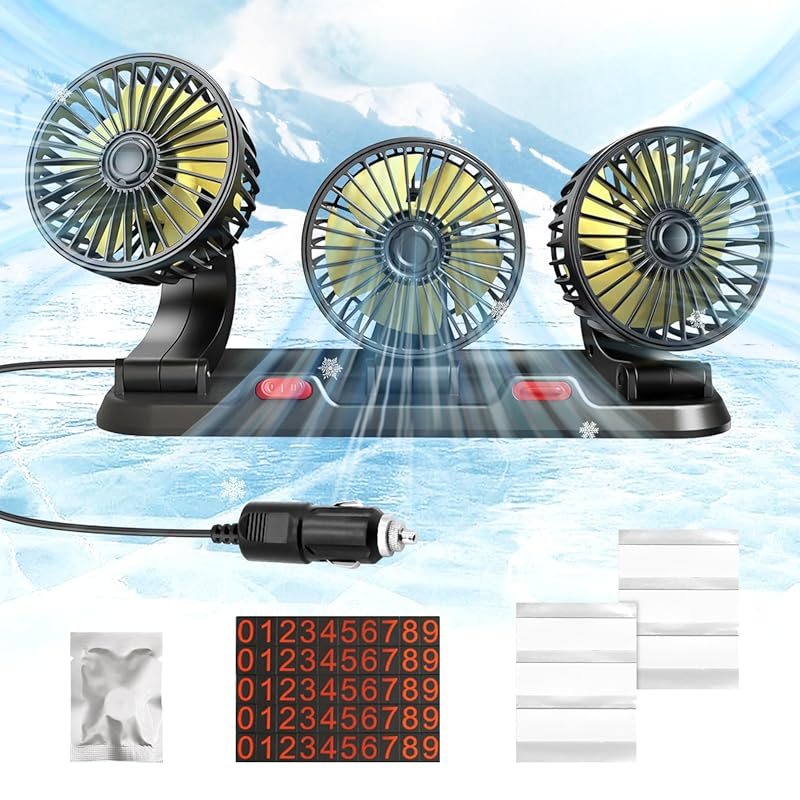 Portable 3-head car cooling fan with 2 speeds, 360-degree rotation, ci