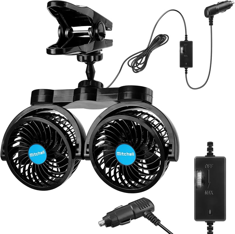 12V dual-head 4-inch clip-on car fan, 360-degree rotatable with steple