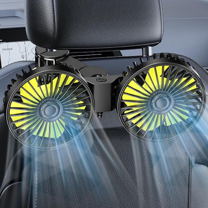 Dual-Head USB Car Headrest Fan, 360-degree Rotating Backseat Cooler fo
