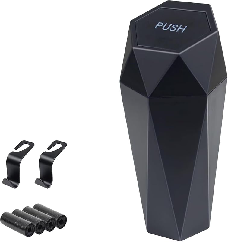 Car trash can with lid and two ABS hooks includes 60 trash bags organi