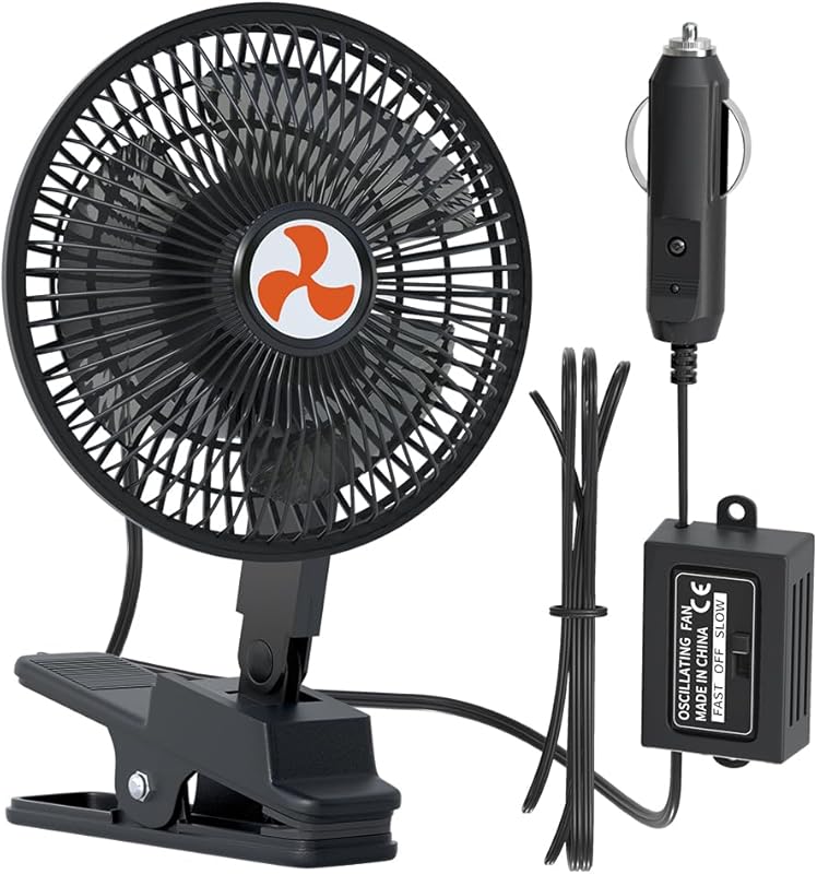 12V 6-inch oscillating clip-on car fan with cigarette lighter plug, 36