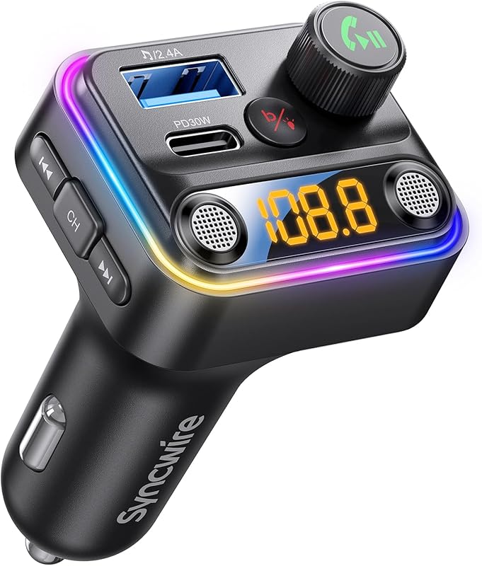 Syncwire Bluetooth FM Transmitter Car Adapter with HiFi Bass, Dual Mic