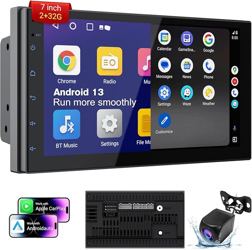7-inch Double DIN Car Stereo with HD Touchscreen, Wireless Android Aut