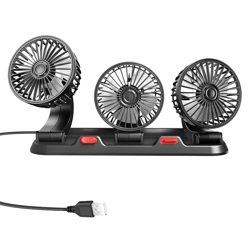 Portable Three-Head USB Car Fan, 2-Speed Adjustable with 360 Degree Ro