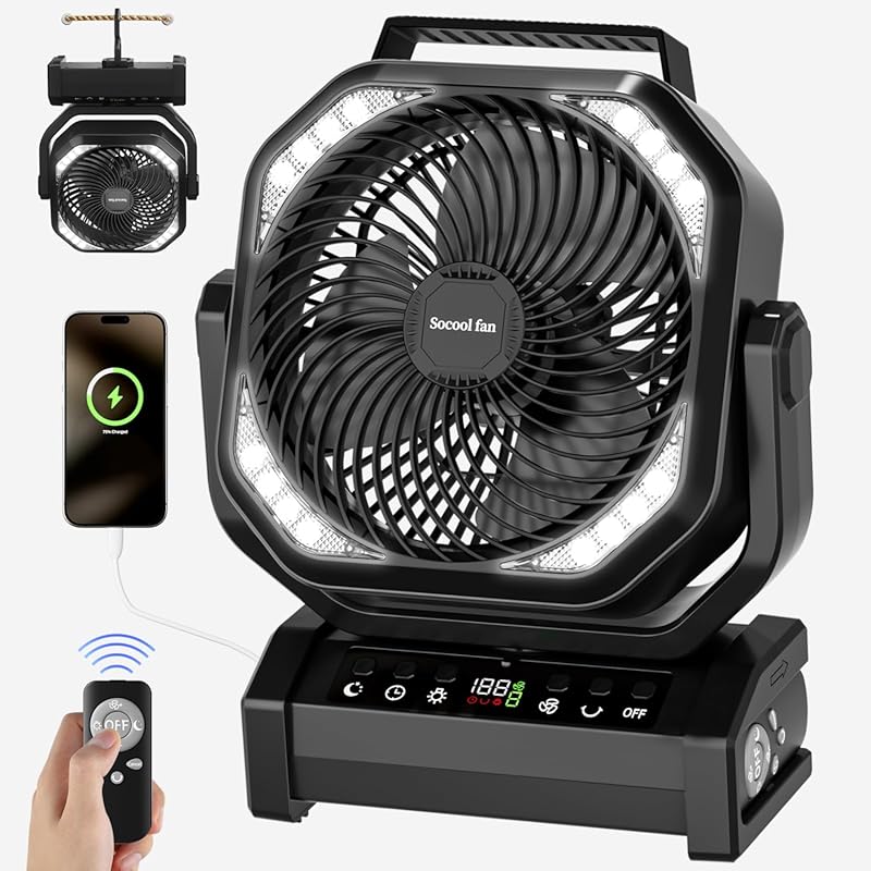 Socool 20000mAh Camping Fan with Light Remote Rechargeable 112H Runtim