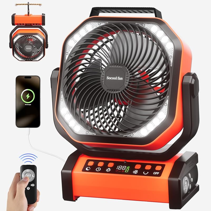 Socool 20000mAh Camping Fan with Light Remote Rechargeable 112H Runtim