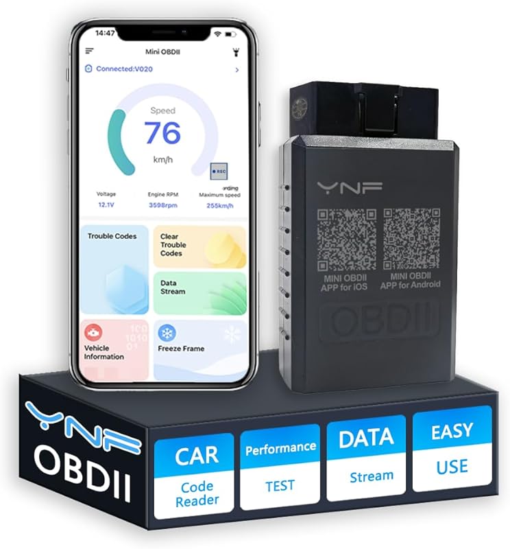 YNF Bluetooth OBD2 Scanner for iOS and Android, Live Data, Clear Codes