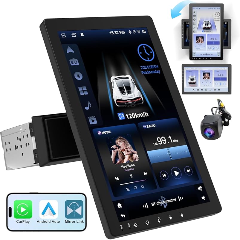 10.1 inch rotatable single DIN car stereo Android 13 with wireless App