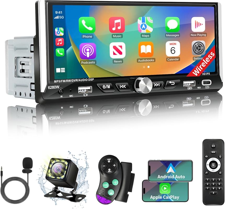 Single DIN 6.9 inch IPS car stereo with wireless Apple CarPlay and And
