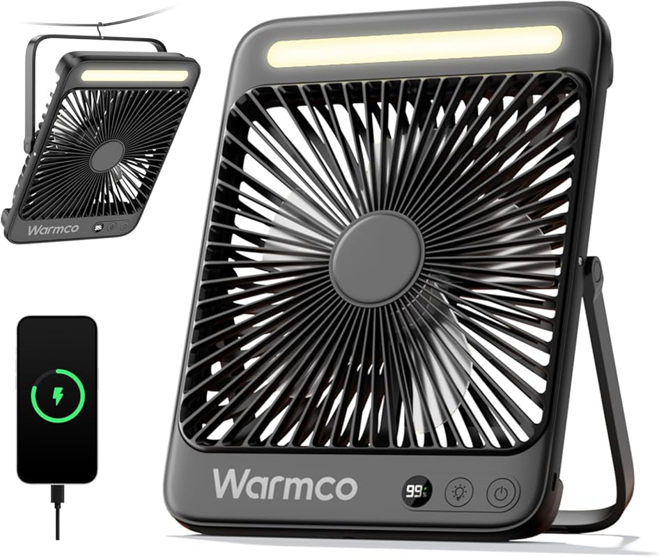 Warmco 20000mAh Ultra-Slim 8-Inch Rechargeable Camping Fan with LED La