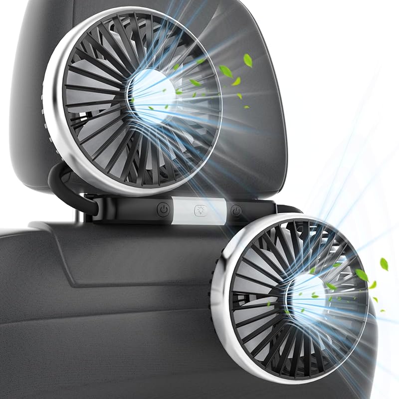 Dual-head USB portable car seat fan for backseat kids, rotatable heads