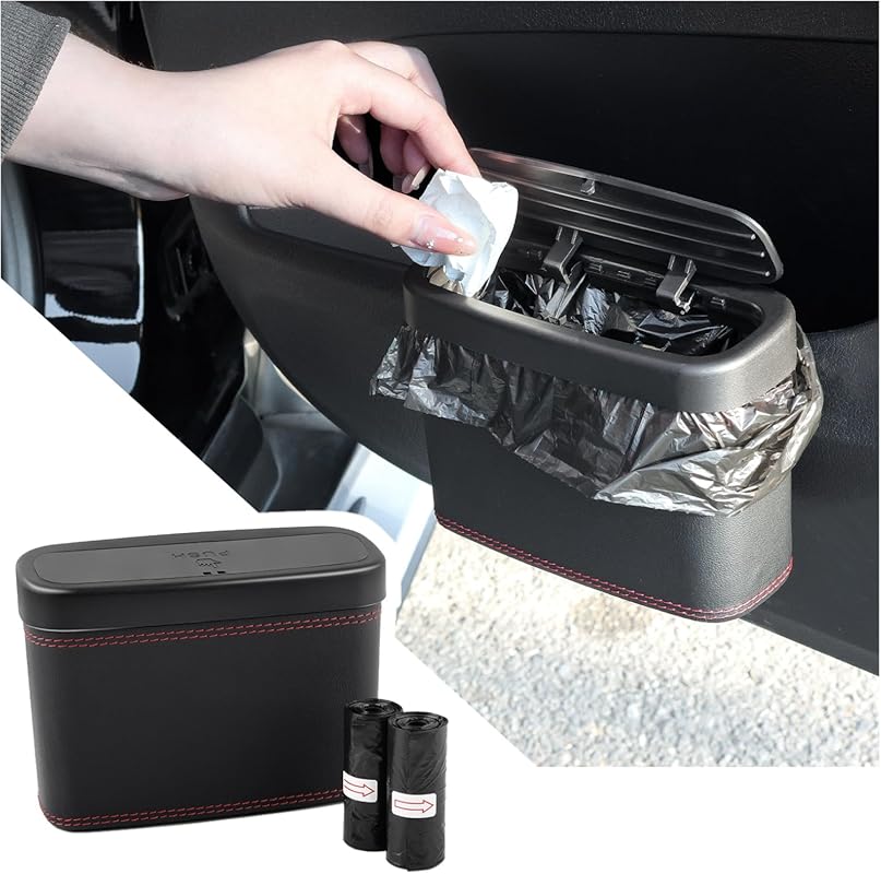 Leather Car Trash Can with Lid and 30 Bags, Hanging Leakproof Organize