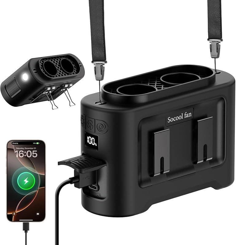 Socool 14500mAh portable waist clip on fan rechargeable dual air outle