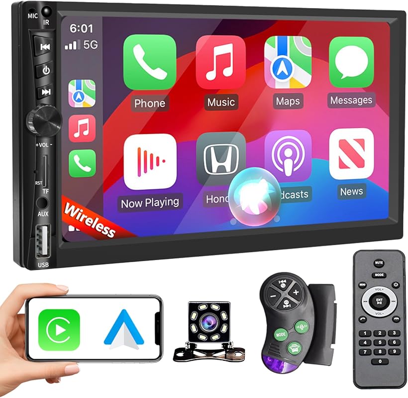 7-inch Wireless Double DIN Car Stereo with Apple CarPlay, Android Auto