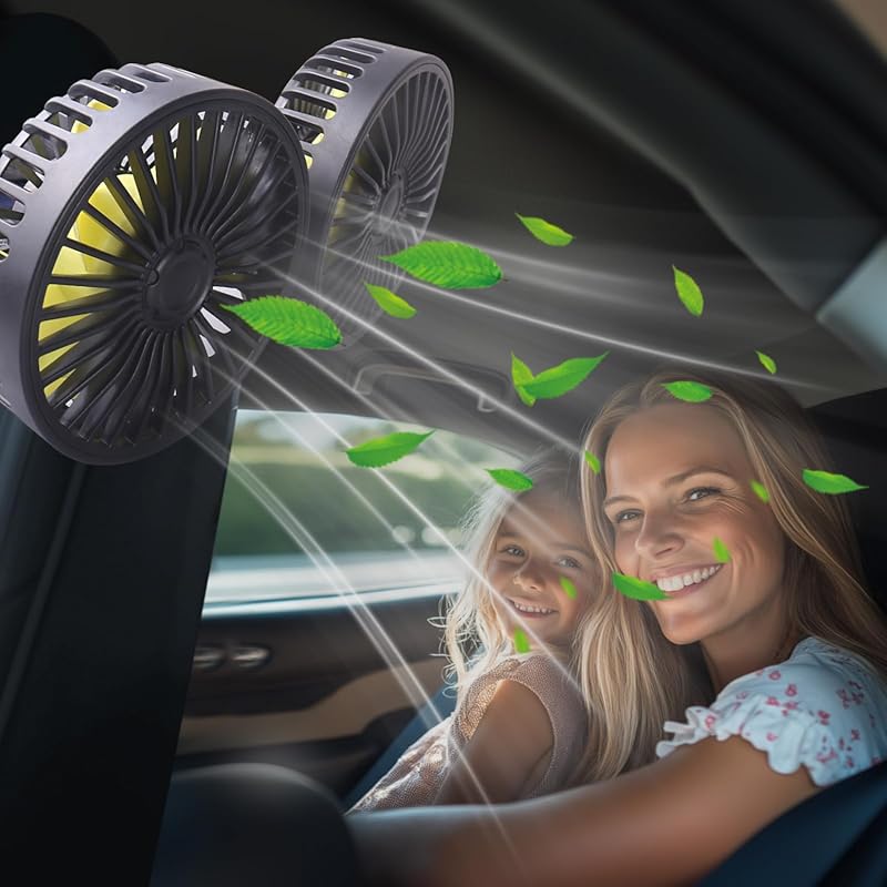 Dual-head USB car fan for backseat, rear seat cooling for kids and bab